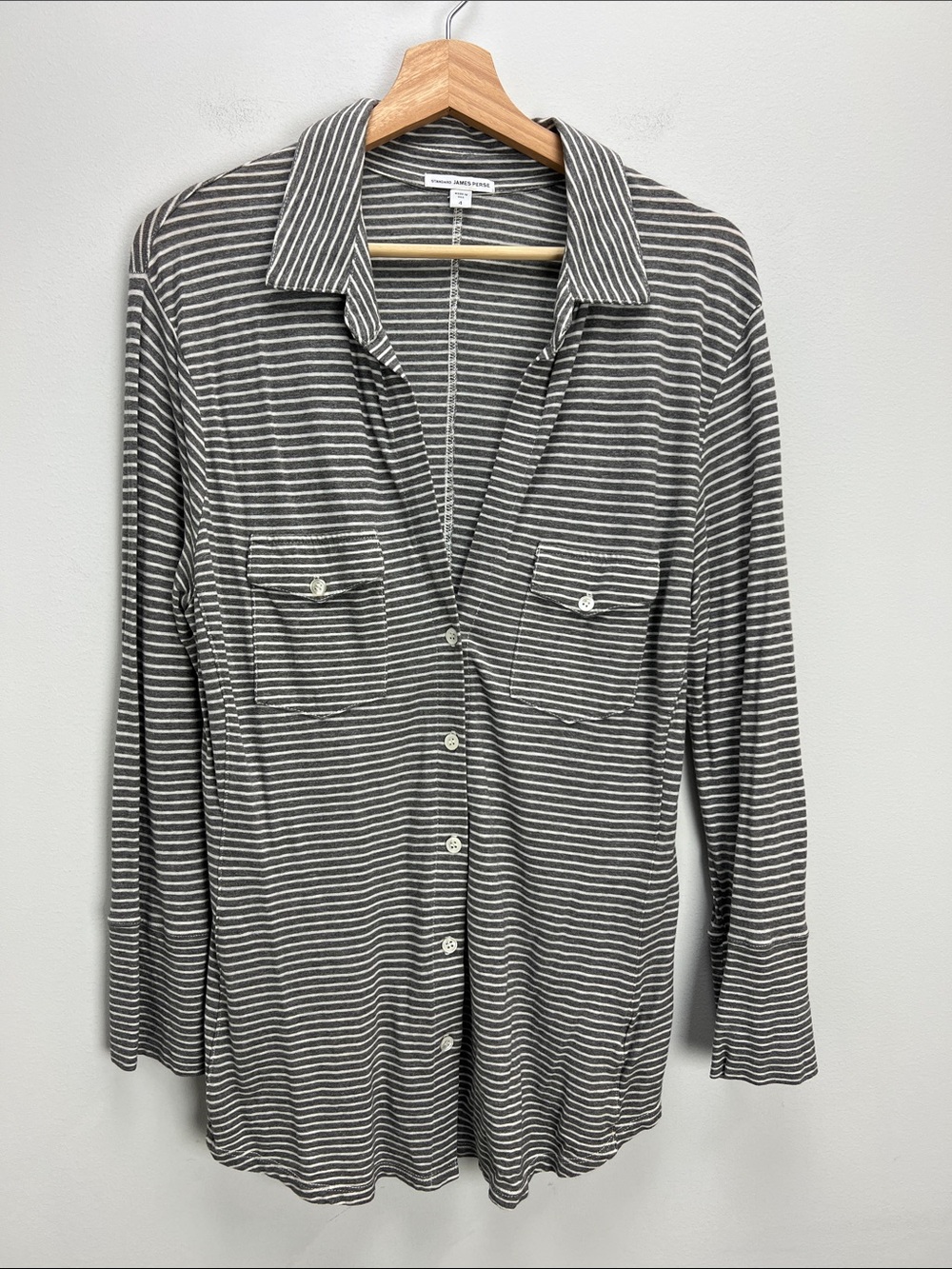 James Perse Side Panel Stripe Jersey Shirt Gray White Button Down Made in USA